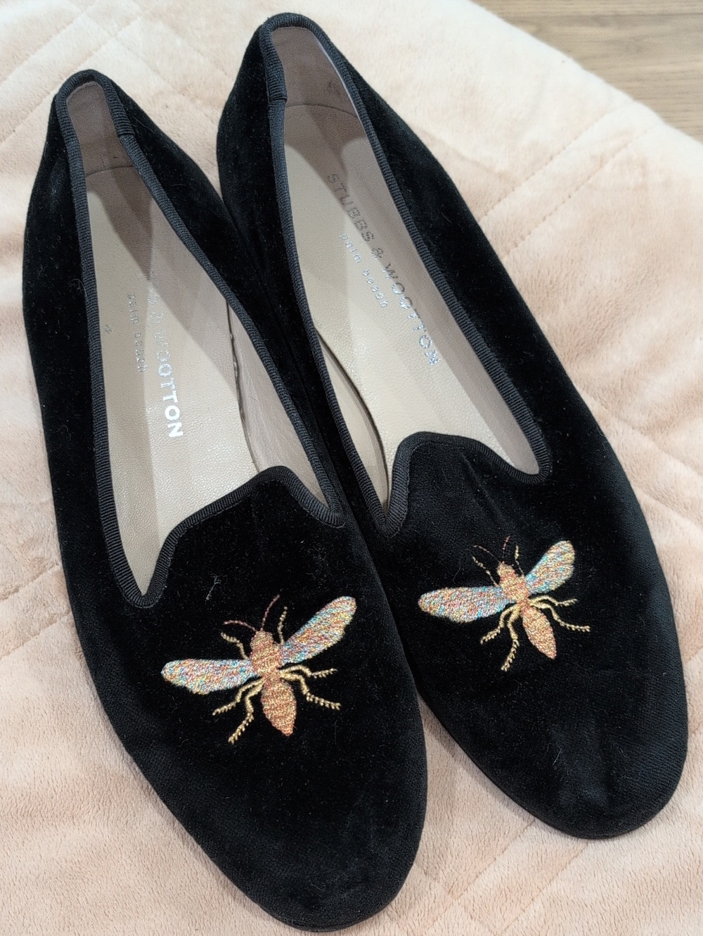 Stubbs & Wootton Black Velvet Bee Embroidered Loafers